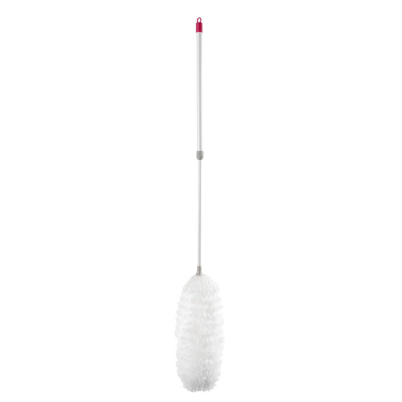 White radiator cleaning brush with long pink and white handle, shown on white background.
