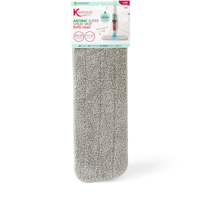 Grey antibacterial spray mop refill head for hard floors, shown in packaging.