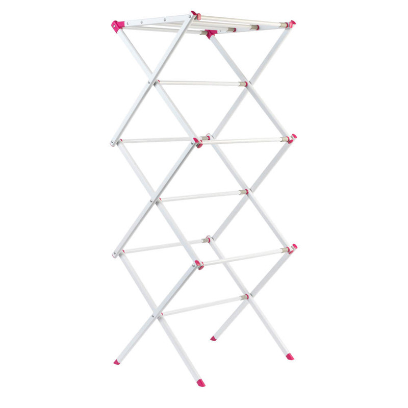 White folding clothes airer with pink accents, shown open and upright.