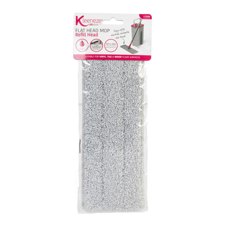 Grey flat head mop refill head in clear plastic packaging, suitable for hard floors