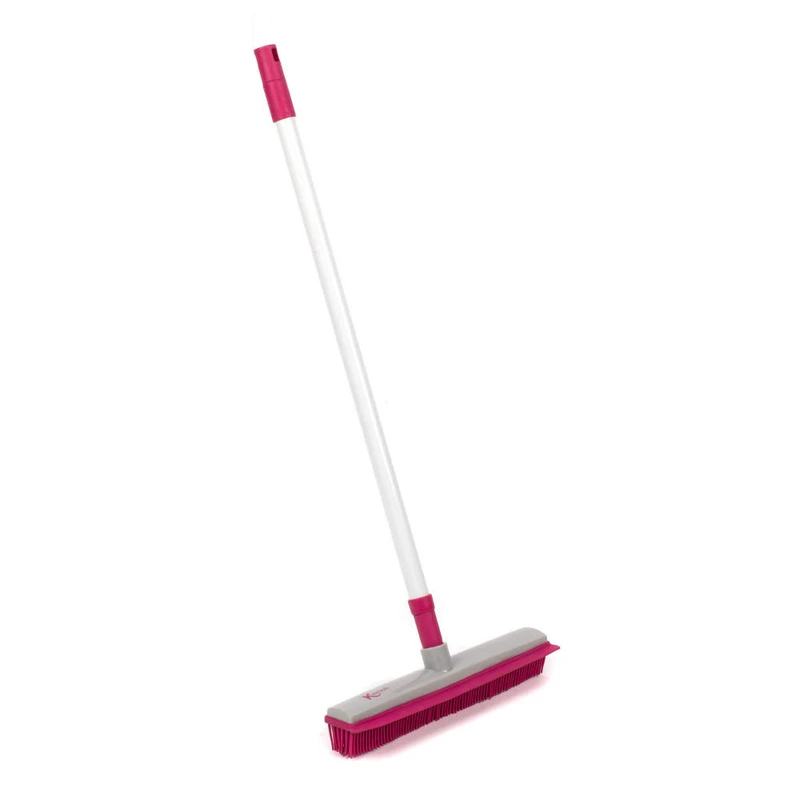 Pink and grey rubber broom with long white handle, angled for sweeping hard floors