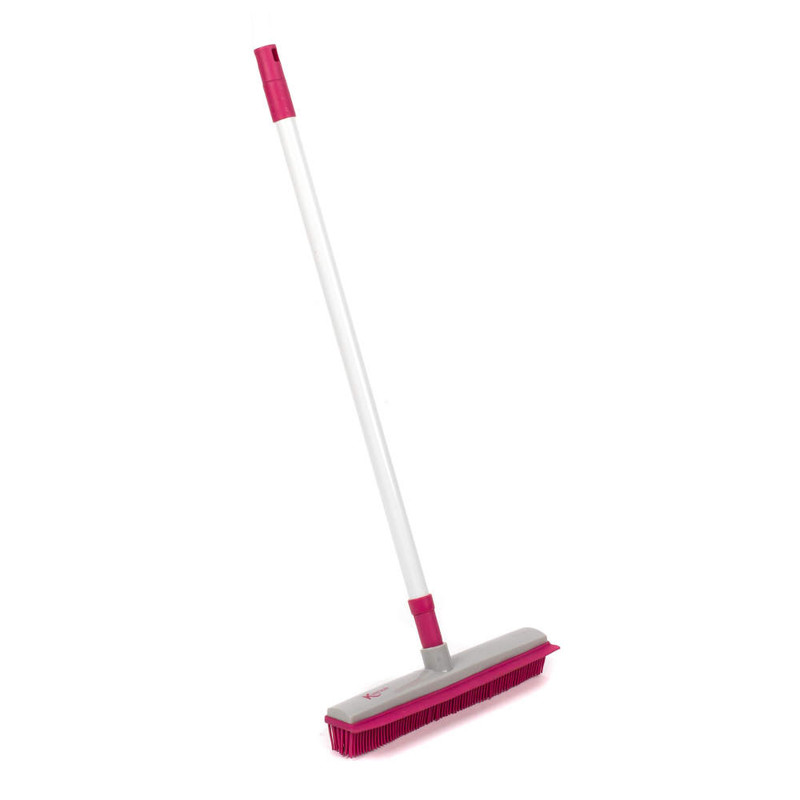 Pink and grey rubber broom with long white handle, angled for sweeping hard floors
