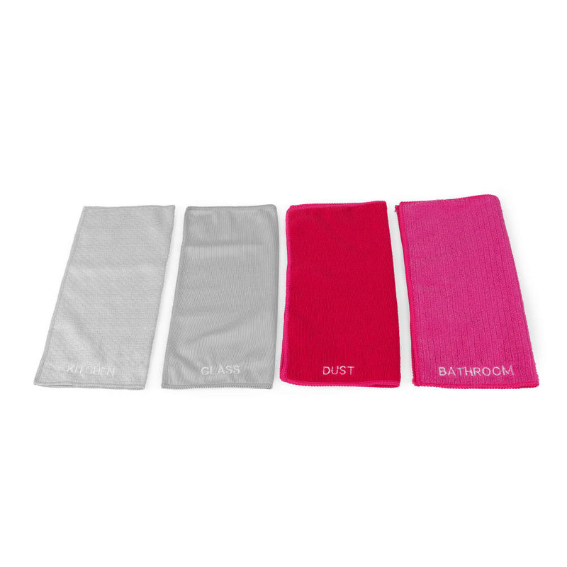 Set of four labelled cleaning cloths for kitchen, glass, dust, and bathroom in grey, red, and pink.