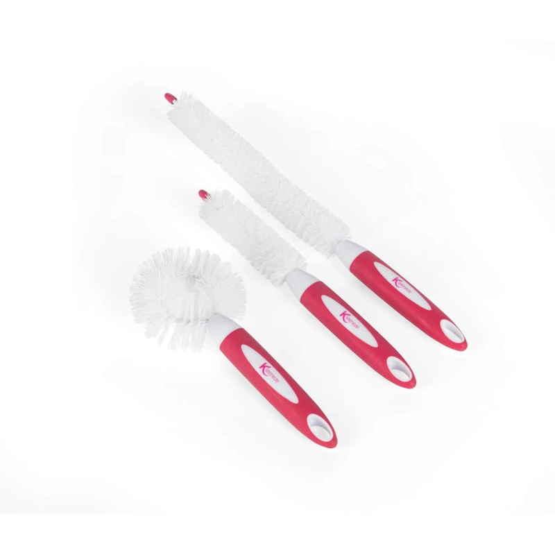 Set of three bottle and glass cleaning brushes with pink and white handles