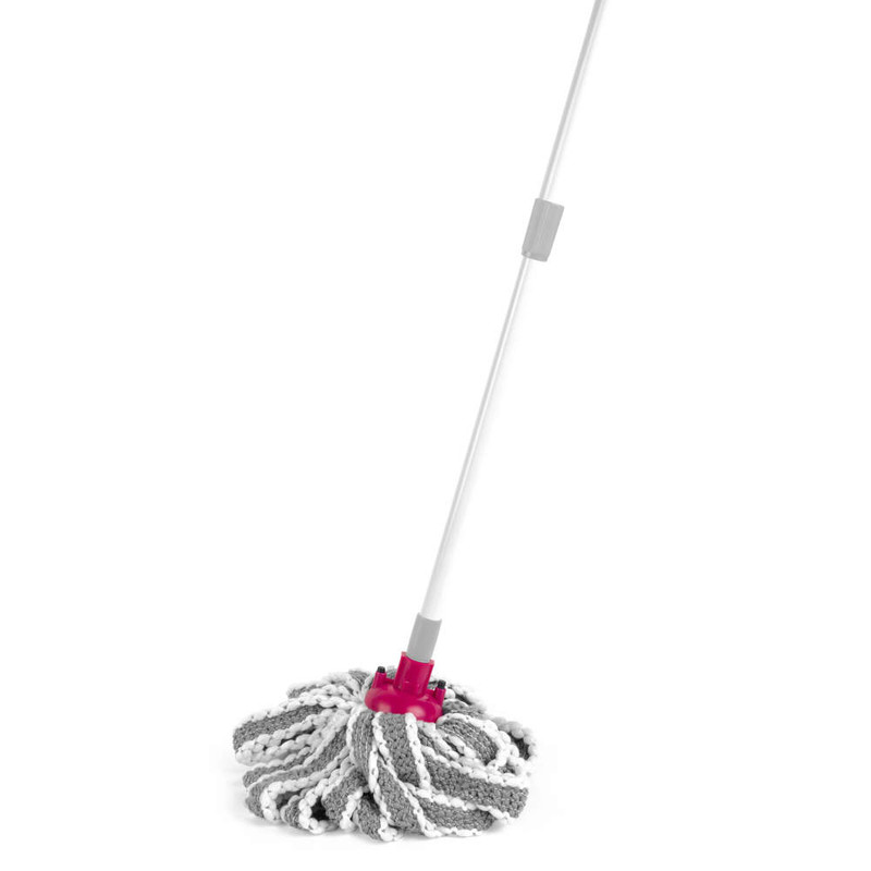 Grey and white microfibre mop with pink plastic socket and long handle