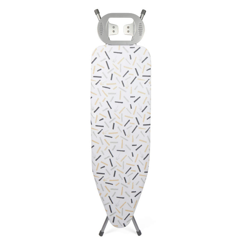 White ironing board with grey and beige dash print cover, shown upright