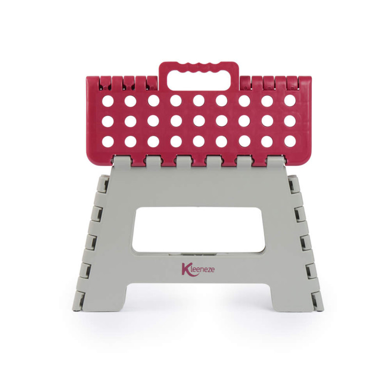 Grey folding step stool with pink handle and top, Kleeneze logo visible on side.