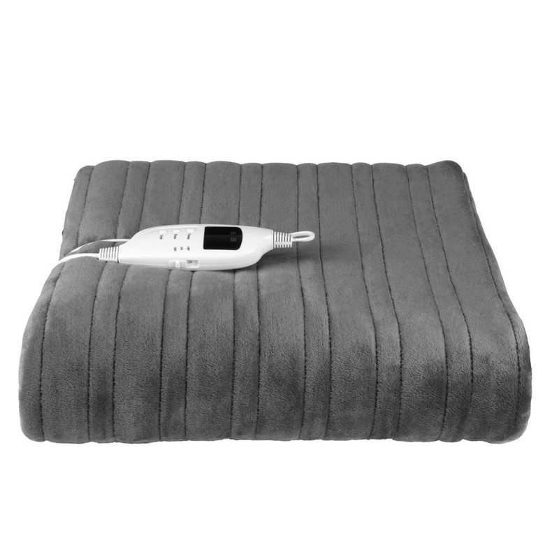 Grey heated throw with controller, folded, product image for UK marketplace