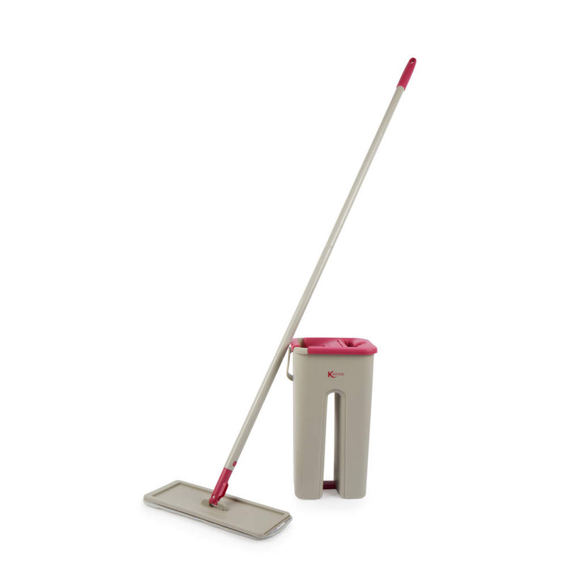 Flat mop with beige and pink handle next to matching beige bucket with pink lid