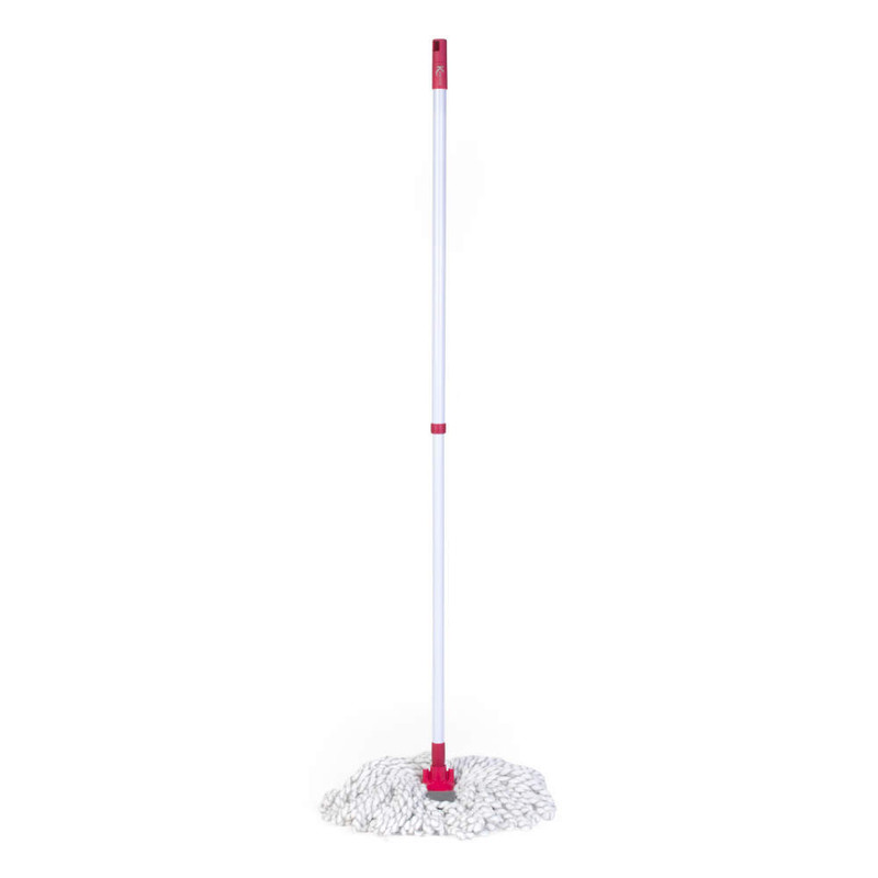 Cotton string mop with white and pink handle, shown upright on white background