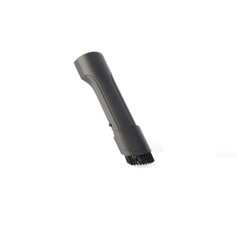 Vacuum cleaner crevice tool attachment with brush, black, shown on white background