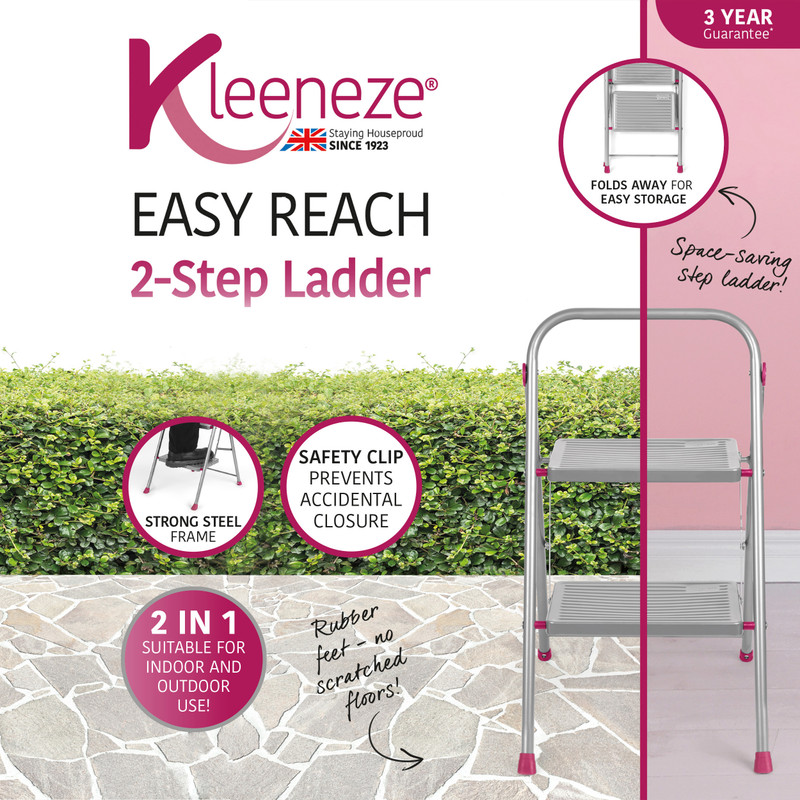 2-Step Ladder & Stool Set – Grey/Pink - Kleeneze