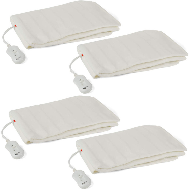 Pack of four white electric heating pads with control units, shown flat.