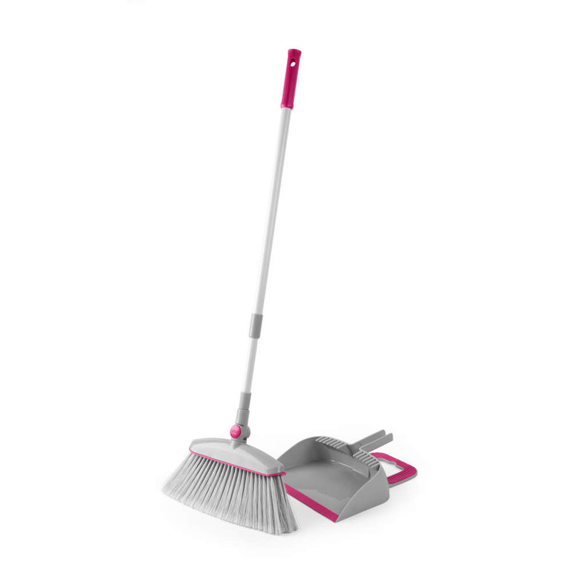 Grey and pink broom and dustpan set for sweeping, shown on white background