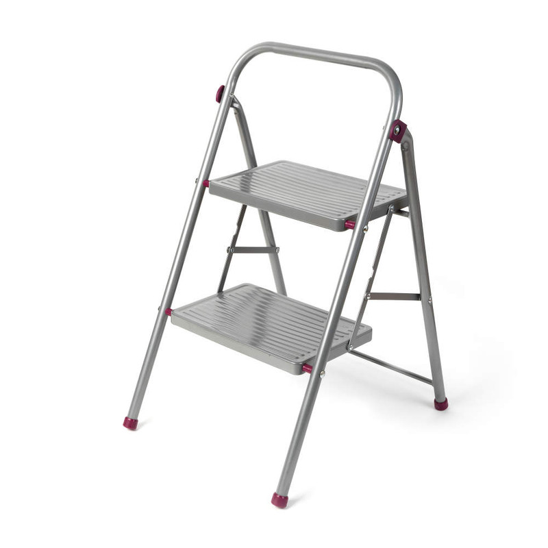 Two-step silver folding step ladder with non-slip treads, angled view