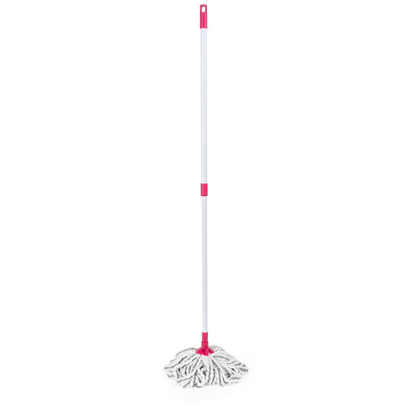 White mop with pink handle, shown upright for product listing