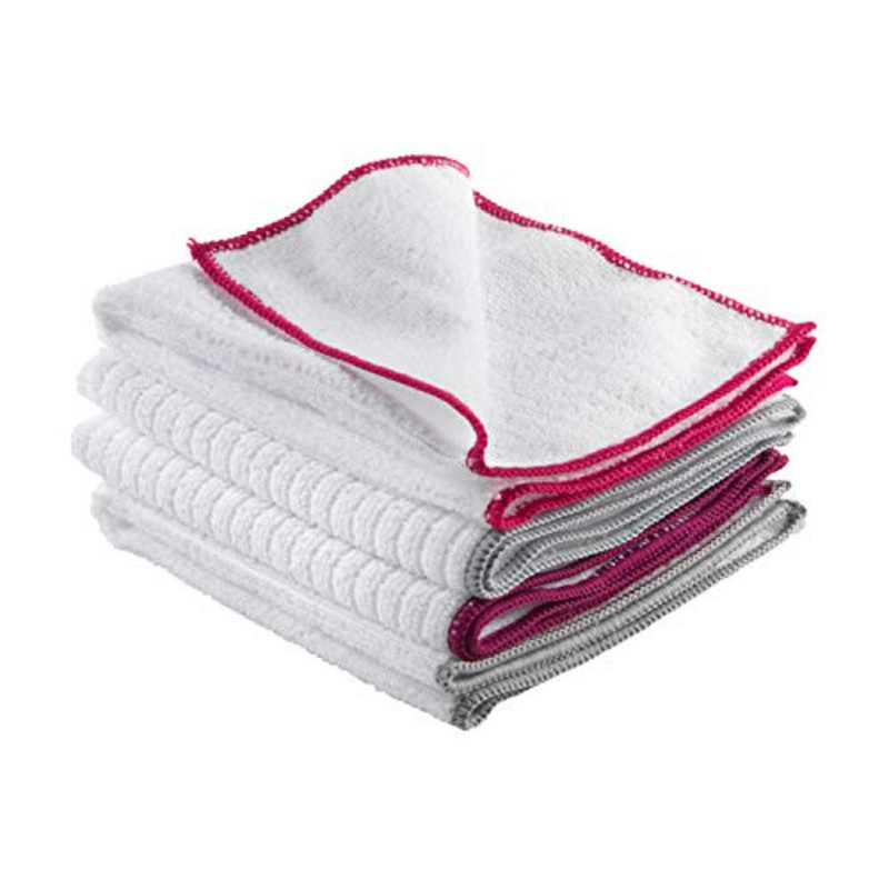 Set of folded white cleaning cloths with red and grey trim edges