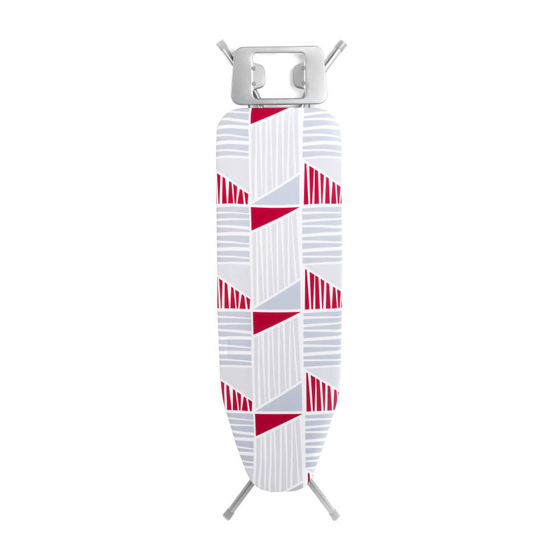 Ironing board with pink and grey geometric patterned cover, upright view