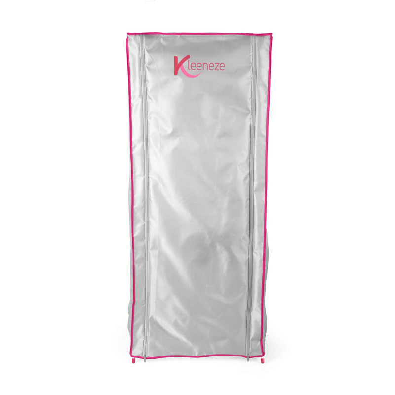 Large silver fabric wardrobe cover with pink trim, zipped front, Kleeneze logo at top