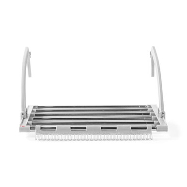 Silver metal pasta cutter with two handles, shown from front on white background.