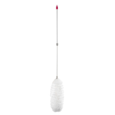 White radiator cleaning brush with long pink and white handle, shown on white background.