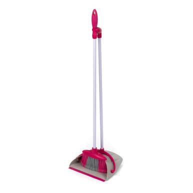 Pink and grey upright broom and dustpan set