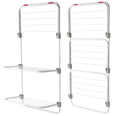 White folding clothes airer with two shelves, shown open and closed