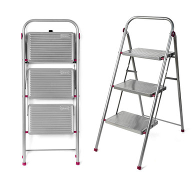 3-Step Folding Stepladder – Non-Slip Feet, Pink/Grey