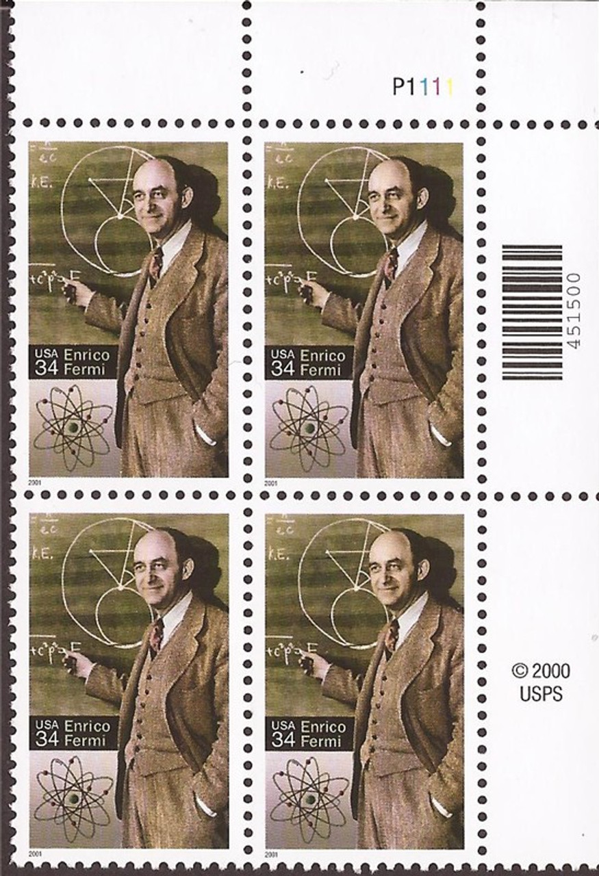 US Stamp - 2001 34c Physicist Enrico Fermi - 4 Stamp Plate Block #3533