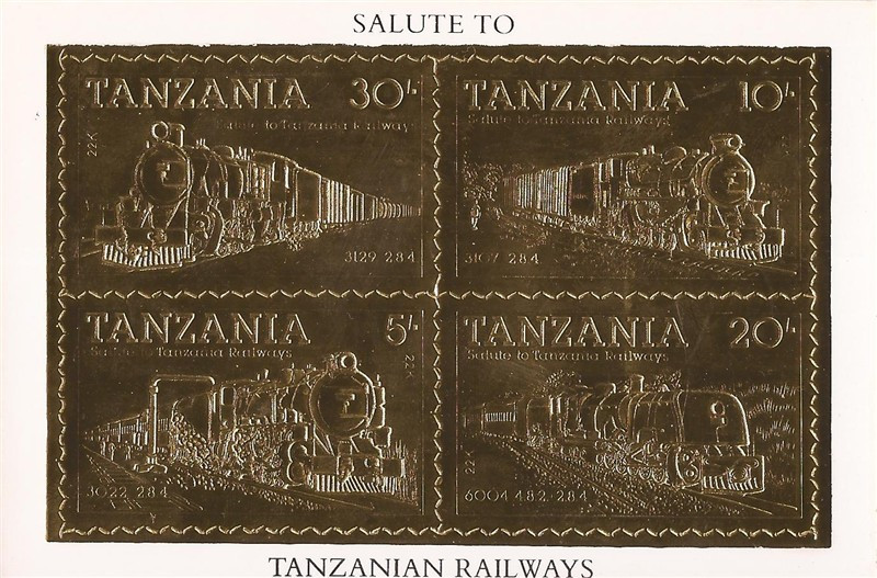 Tanzania 1985 Railways Set of 4 Gold Leaf Stamps 22K Scott 2714 20E070