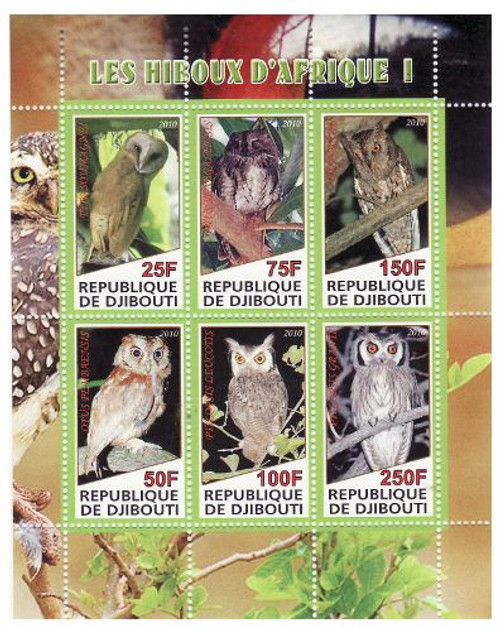 Djibouti - Owls - 6 Stamp Mint Sheet MNH - SV0791