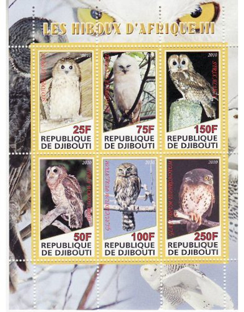 Djibouti - Owls - 6 Stamp Mint Sheet MNH - SV0793