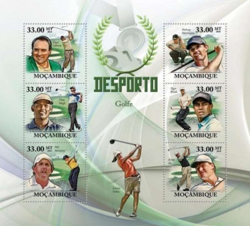 Mozambique - Golf - Woods, Mickelson, Els- 6 Stamp Mint Sheet 13A-438