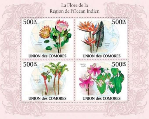 Comoros Islands - Flowers on Stamps - 4 Stamp Mint Sheet - 3E-296