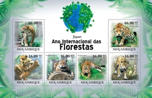 Mozambique - Jaguars - 6 Stamp Mint Sheet 13A-572