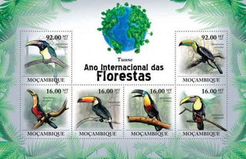 Mozambique - Toucan Birds on Stamps - 6 Stamp Mint Sheet 13A-597