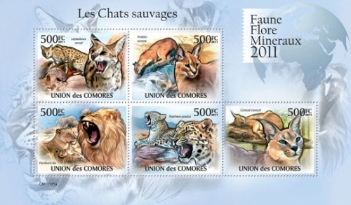 Comoros - Wild Cats, Serval, Leopard, Lion - 5 Stamp Mint Sheet 3E-362