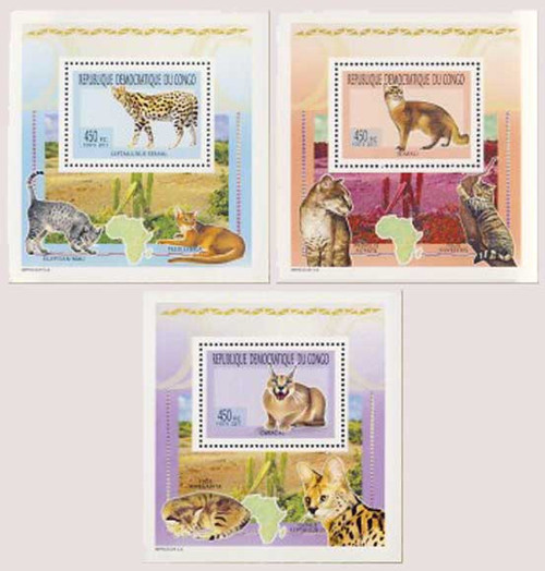 Congo - Cats on Stamps - Set of 3 Deluxe Stamp Sheetlets - 3A-373