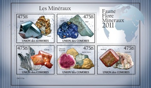 Comoros - Minerals Beryl, Azurite - 5 Stamp Mint Sheet MNH 3E-382