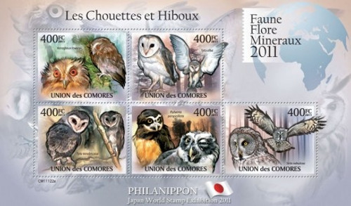 Comoros - Owls on Stamps - 5 Stamp Mint Sheet MNH - 3E-396