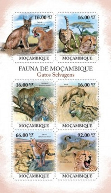 Mozambique - Wild Cats - 6 Stamp Mint Sheet 13A-745