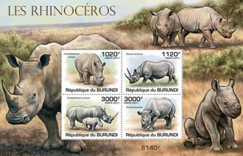 Burundi - Rhinoceros - 4 Stamp Mint Sheet MNH 2J-113