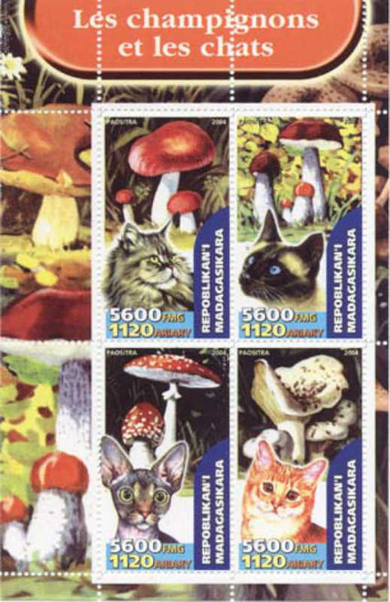 Cats & Mushrooms on Stamps - 4 Stamp Mint Sheet MNH - M0750