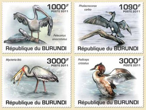 Burundi - Birds Pelican, Stork on Stamps - 4 Stamp Mint Set - 2J-156