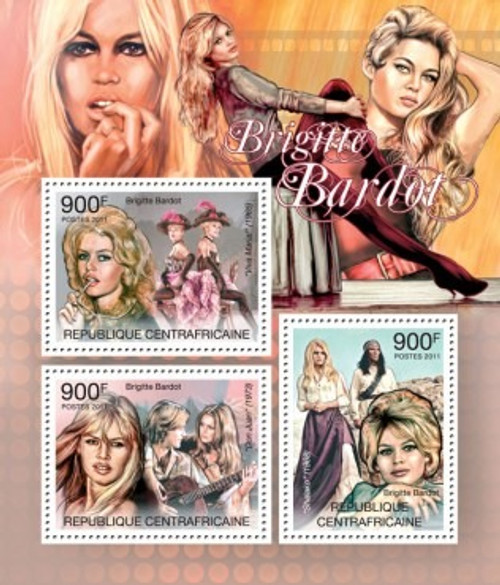 Central African Republic - Brigitte Bardot 3 Stamp Mint Sheet 3H-245