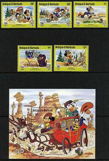 Antigua - Disney "Roughing It" - 5 Stamp Set + S/S #890-5 1N-002