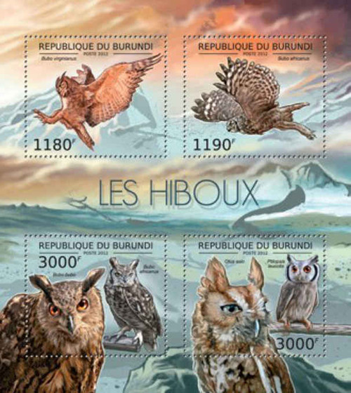 Burundi - Wild Owls on Stamps - 4 Stamp Sheet - 2J-366