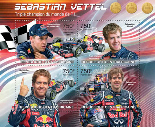 Central Africa - Formula 1, Sebastian Vettel - 4 Stamp Sheet - 3H-420