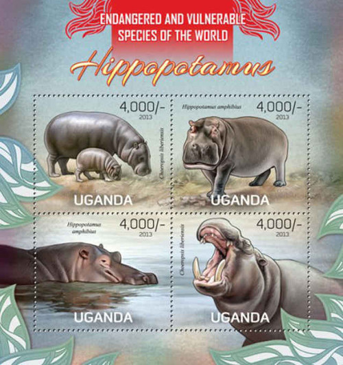 Uganda - Hippos - 4 Stamp Sheet - 21D-079