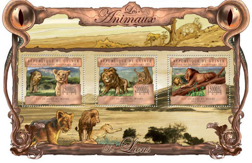 Guinea - Lions on Stamps - 3 Stamp Sheet - 7B-2106